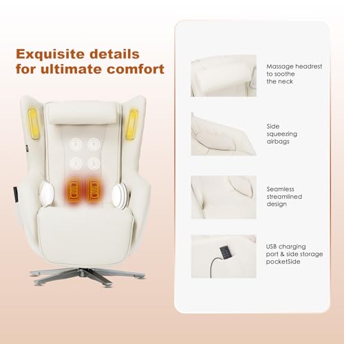 COLAMY Zero-Gravity Massage Chair | Massage and Leisure Dual-Use Chair,360° Swivel,Heat, Low-Noise 3D Bluetooth Speaker,Living Room, Bedroom（White