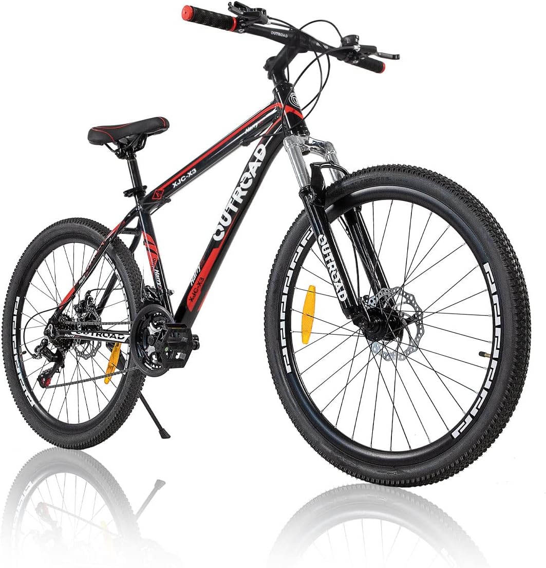 Outroad Mountain Bike 26/27.5 inch Wheel 21 Speed 3 Spoke Double Disc Brake Bicycle Suspension Fork Rear Anti-Slip Bike for Adult or Teens