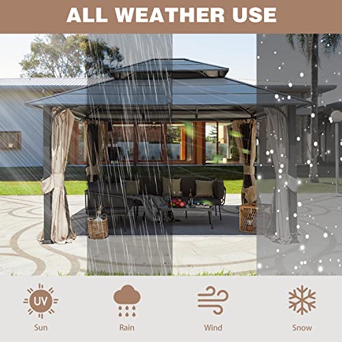 EROMMY 12'x20' Hardtop Gazebo Double Roof Galvanized Steel Canopy Outdoor Aluminum Frame Permanent Metal Pavilion with Netting and Curtains for Patio