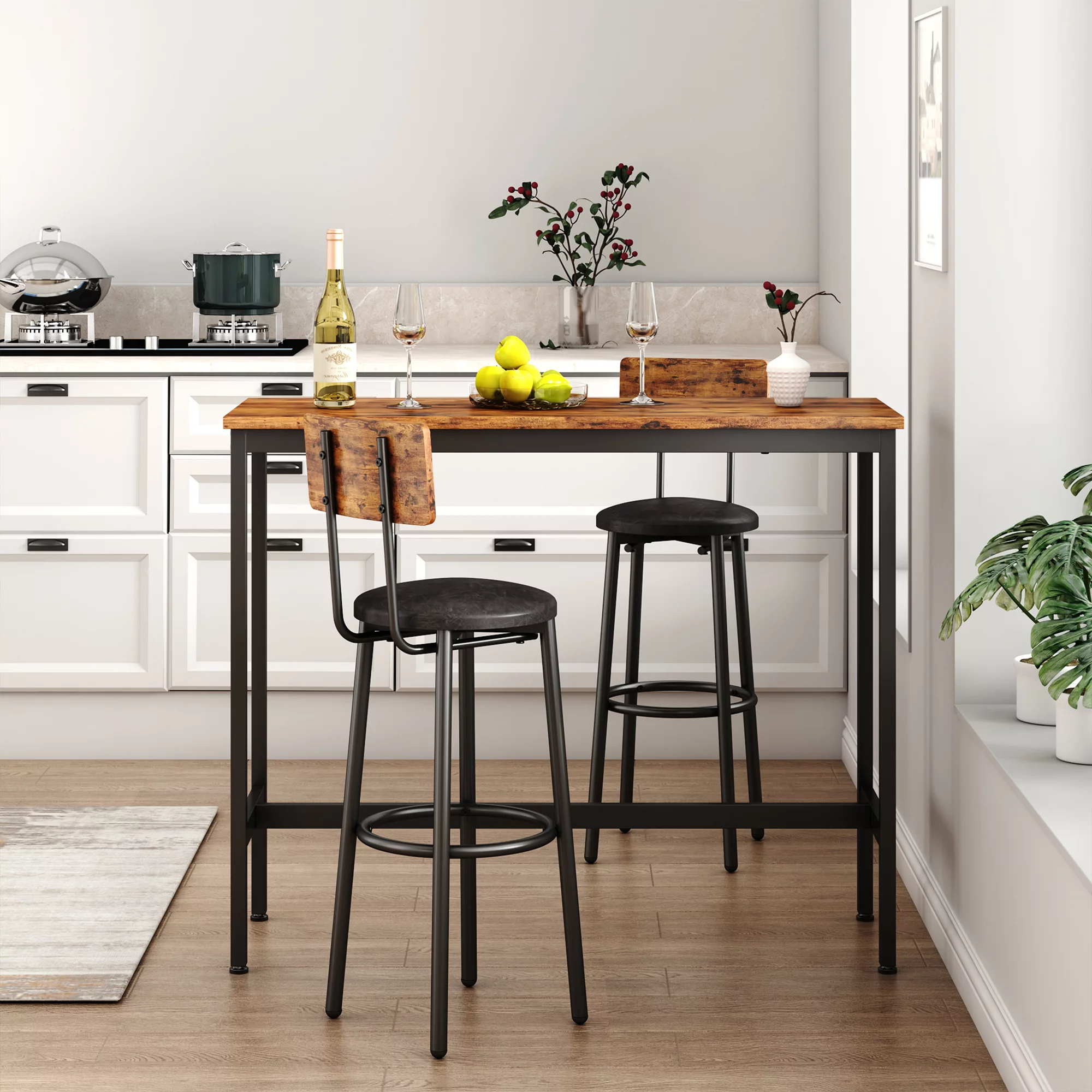 uhomepro 3 Pieces Bar Table Set, Modern Bar Table Set with 2 Stools, Home Kitchen Breakfast Table and Chairs Set Ideal for Pub, Living Room
