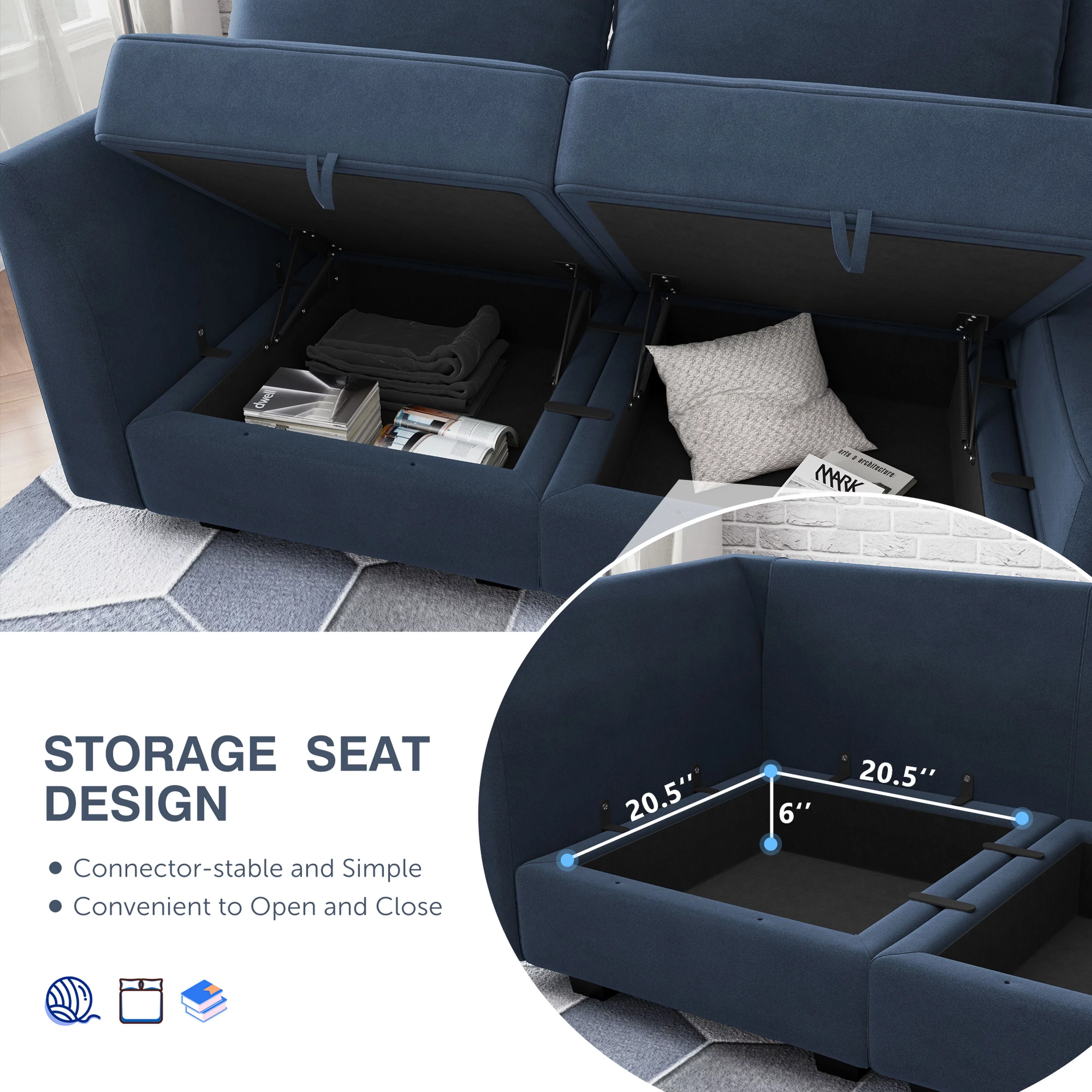 HONBAY Velvet Sectional Sofa Reversible Sleeper Sofa Modular Couch for Apartment, Navy Blue