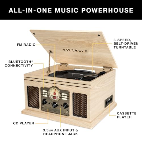 Victrola The Quincy 6-in-1 Bluetooth Record Player & Multimedia Center with Built-in Speakers &ndash; 3-Speed Turntable, CD & Cassette Player