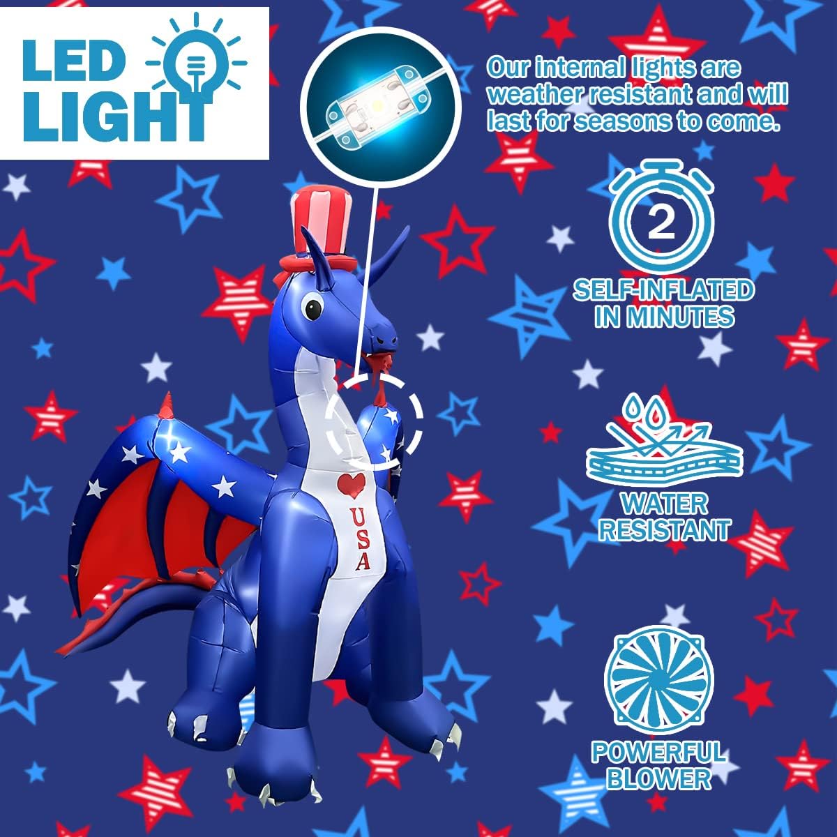 BLOWOUT FUN 8 FT Independence Day Inflatable Dragon with America Style Decorations Patriotic 4th of July for Home Yard Lawn Garden Indoor Outdoor