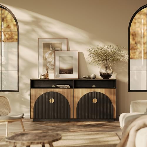 BELLEZE 65 Inch Fluted Buffet Cabinet with Storage, Symmetrical Arc Accent Sideboard Large Console Table for Dining Room, Kitchen