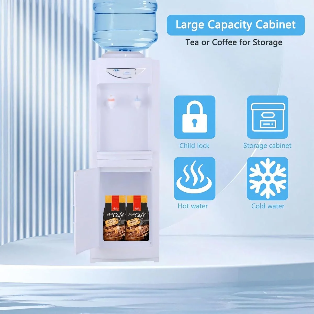 LUVCMFT Water Cooler Dispenser for 5 Gallon Bottle, Top Loading Hot and Cold Water Dispenser with Storage Cabinet & Child Safety Lock