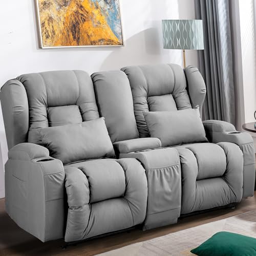 Loveseat Recliner Sofa, Manual Reclining Home Theater Seating with Console, RV Double Recliner with Cup Holders and Side Pocket for Living Room, Beige