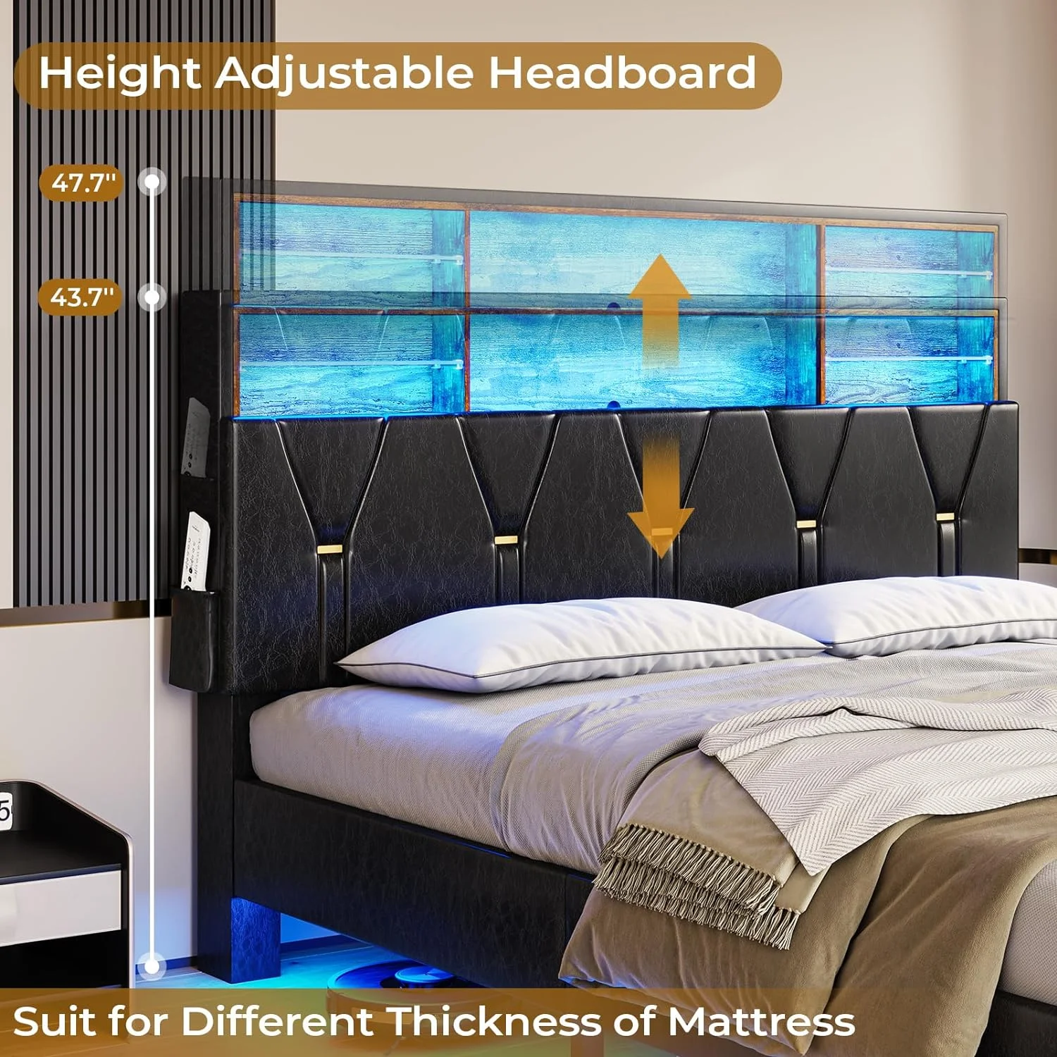 Full Size LED Bed Frame with Upholstered Storage Headboard,Platform Bed with Charging Station and LED Lights,Adjustable Headboard