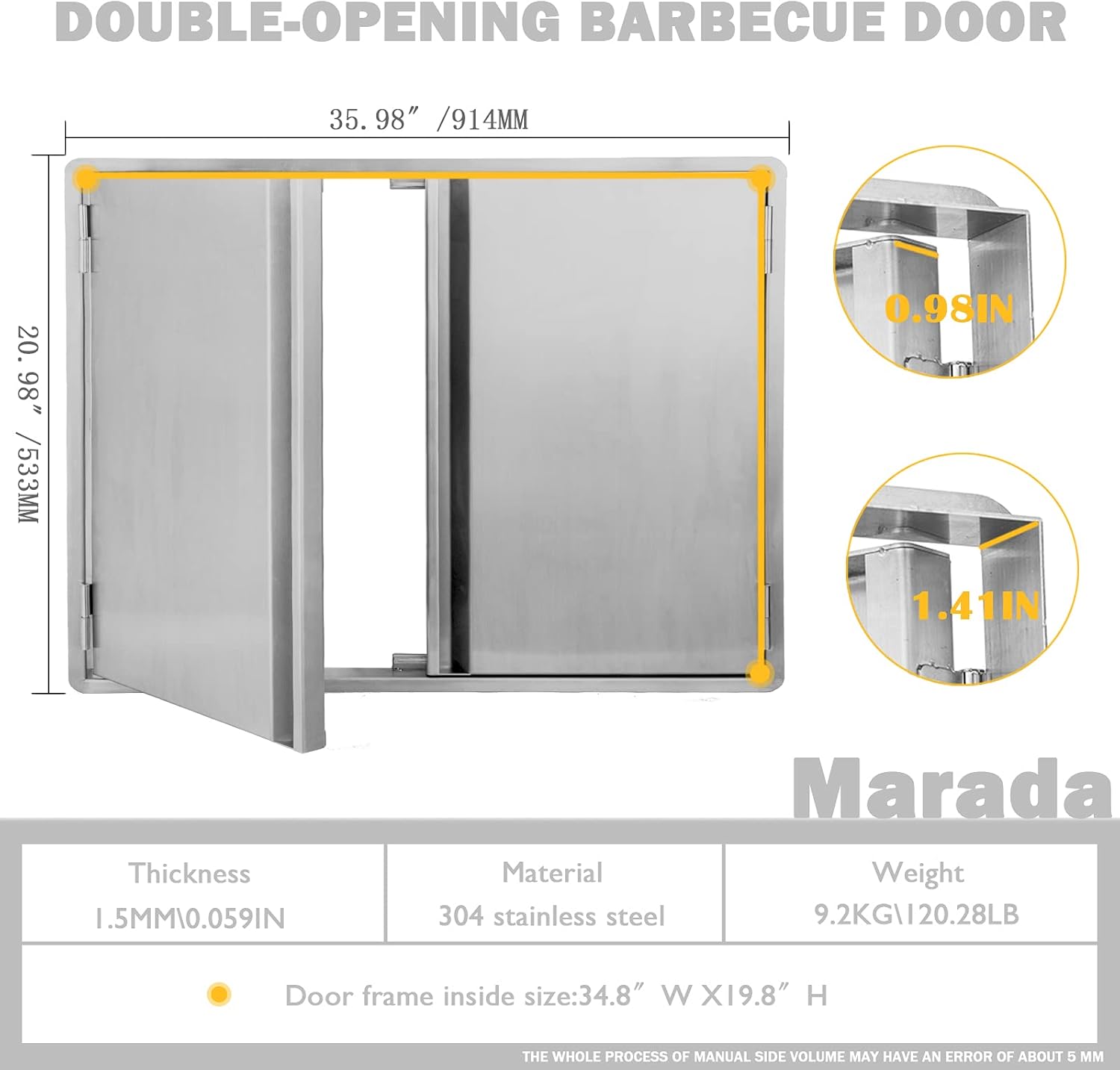 Marada BBQ Access Door Outdoor Kitchen 304 Brushed Stainless Steel Doors for Outdoor Kitchen, Outdoor Cabinet