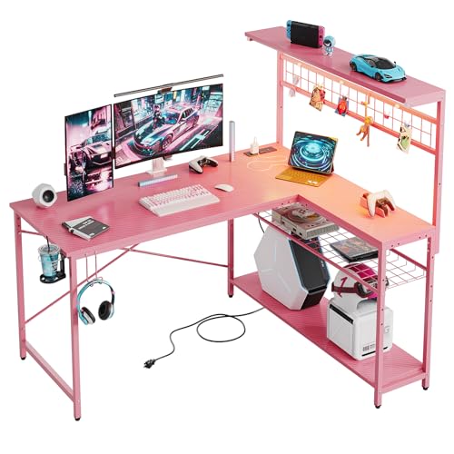 Bestier 42 L Gaming Desk,Computer Desk with Power Outlets, LED Lights, Reversible Corner Desk with 4-Tier Shelves,Cup Holder & Hook Carbon Fiber Black