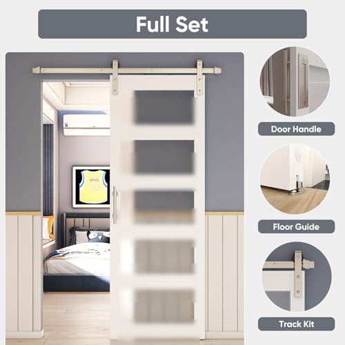 BARNSMITH 42in x 84in Glass Barn Door with 7FT Sliding Door Hardware Kit Included & Handle