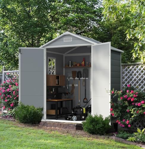 Devoko 6x4 FT Outdoor Storage Shed - Waterproof Plastic Resin Garden Shed with Lockable Door & Floor, for Backyard, Patio, Lawn & Pool Tools