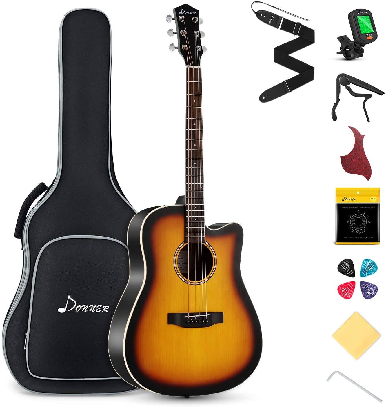 Donner DAG-1C Beginner Acoustic Guitar Full size, 41x22 Cutaway Guitar Bundle with Gig Bag Tuner Capo Picks Strap String
