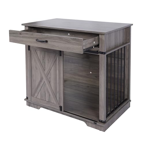Aoowow Large Double Dog Crate Furniture 72.4" Indoor Dog Kennel with Sliding Barn Door and Divider