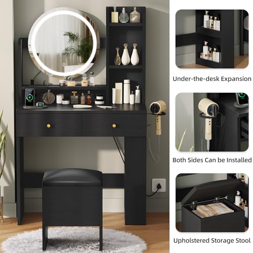 DWVO Vanity Desk with Mirror and Lights, Makeup Vanity Table Set with Power Outlets and Chair, 3 Lighting Colors