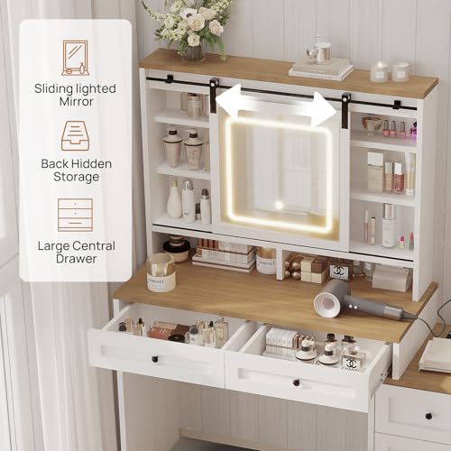Farmhouse Vanity Desk with Sliding Lighted Mirror & Stool, Vanity Dresser Combo, Large Makeup Vanity with 8 Storage Shelves, 5 Drawers
