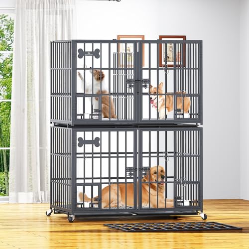 aboxoo 42/48 inch Heavy Duty Metal Dog Crate for 2 Dogs/Large Dog,All Metal Open Top,Dog Kennel Indoor with Wheels,Floor Grid, Tray