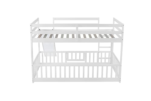 Full-Over-Full Castle Style Bunk Bed with 2 Drawers and 3 Shelves, Wood Bunk Bed Frame with Slide and Storage Staircase for Kids Teens Boys Girls
