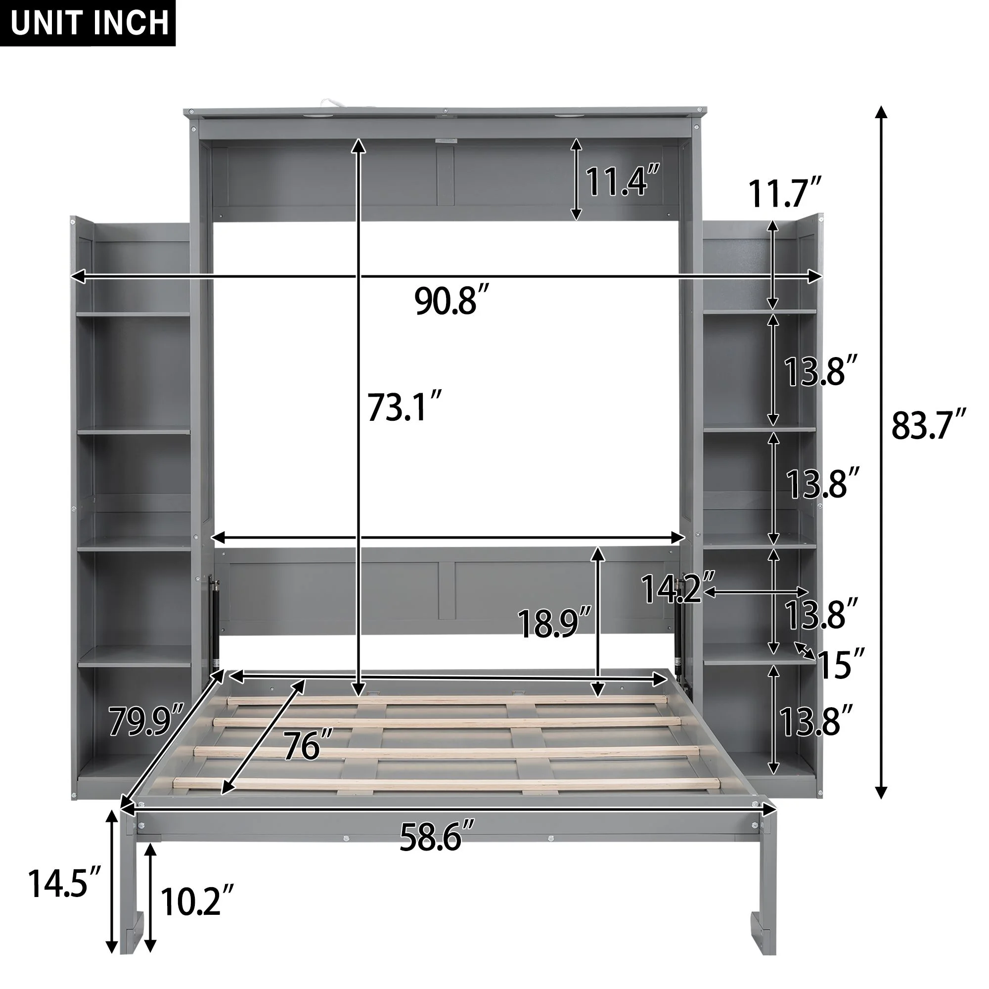 Practical Design Solid Wood Bed Frame Murphy Bed Wall Bed with Shelves and LED Lights, Platform Bed Frame, Mid Century Bedframe, Wood Foundation(Gray
