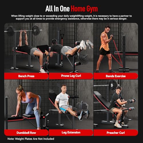 HARISON 6 in 1 Weight Bench Set with Leg Extension and Preacher Curl, 660LBS Workout Bench Press Rack for Home Gym with Resistance Bands