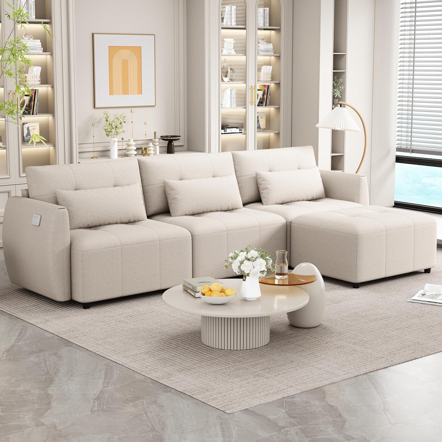 Living Room Furniture Sets, Oversized 114" Convertible Sectional Sofa,5-Seat L-Shaped Couch with Movable Ottoman and USB