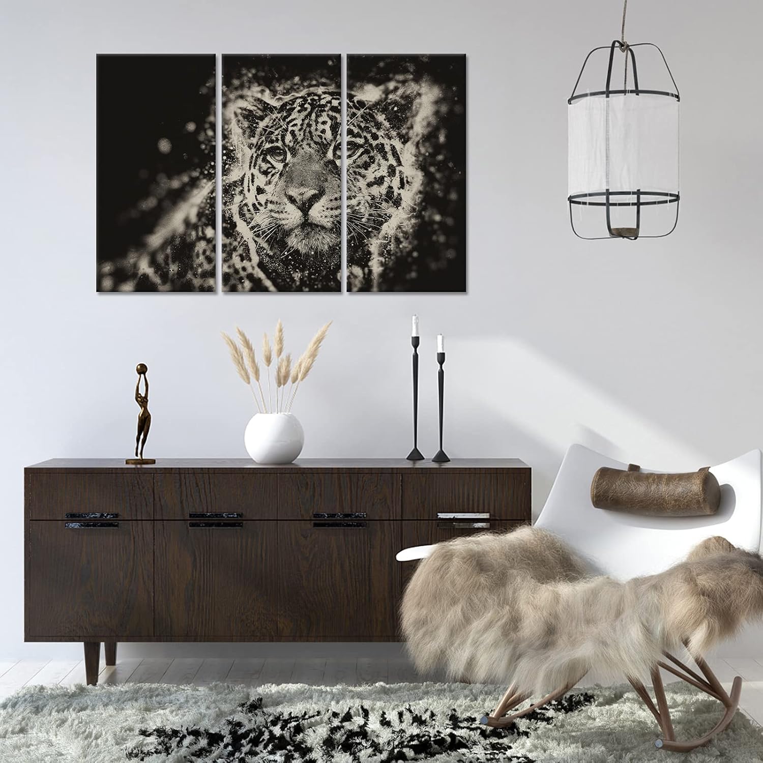 Large 3 Pieces Snow Leopard Canvas Wall Art with Inner Framed Wild Animal Paintings Printed on Canvas Giclee Prints Wildlife Artwork for Home Office