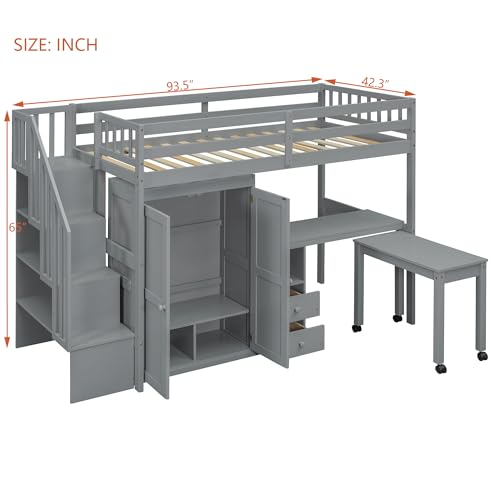 Harper & Bright Designs Twin Size Loft Bed with Stairs and Bookshelf, Wood Twin Storage Bed with Desk & Wardrobe