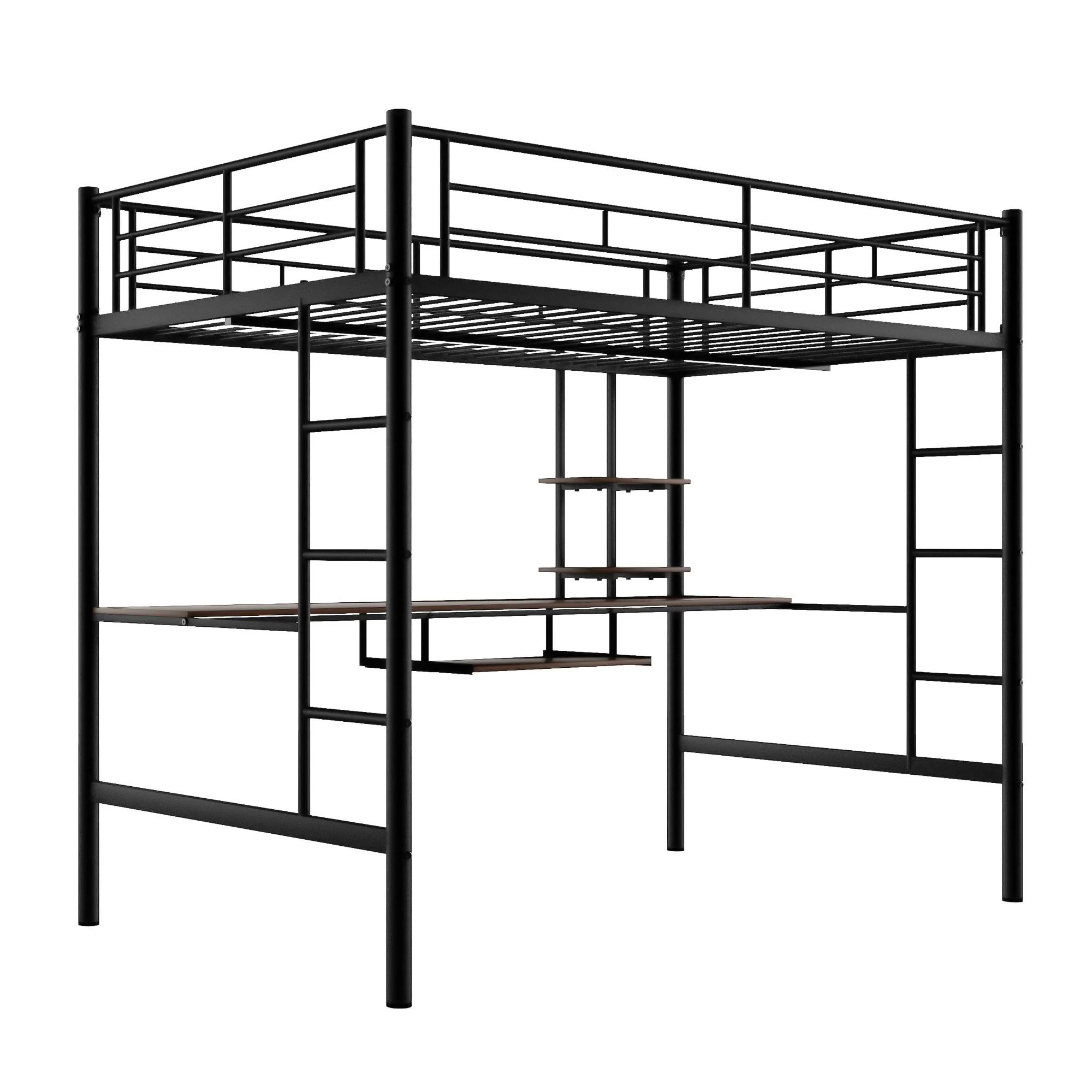 Bellemave Full Size Loft Bed with Desk and Shelves, Metal Loft Bed Frame with Built-in 2 Ladders