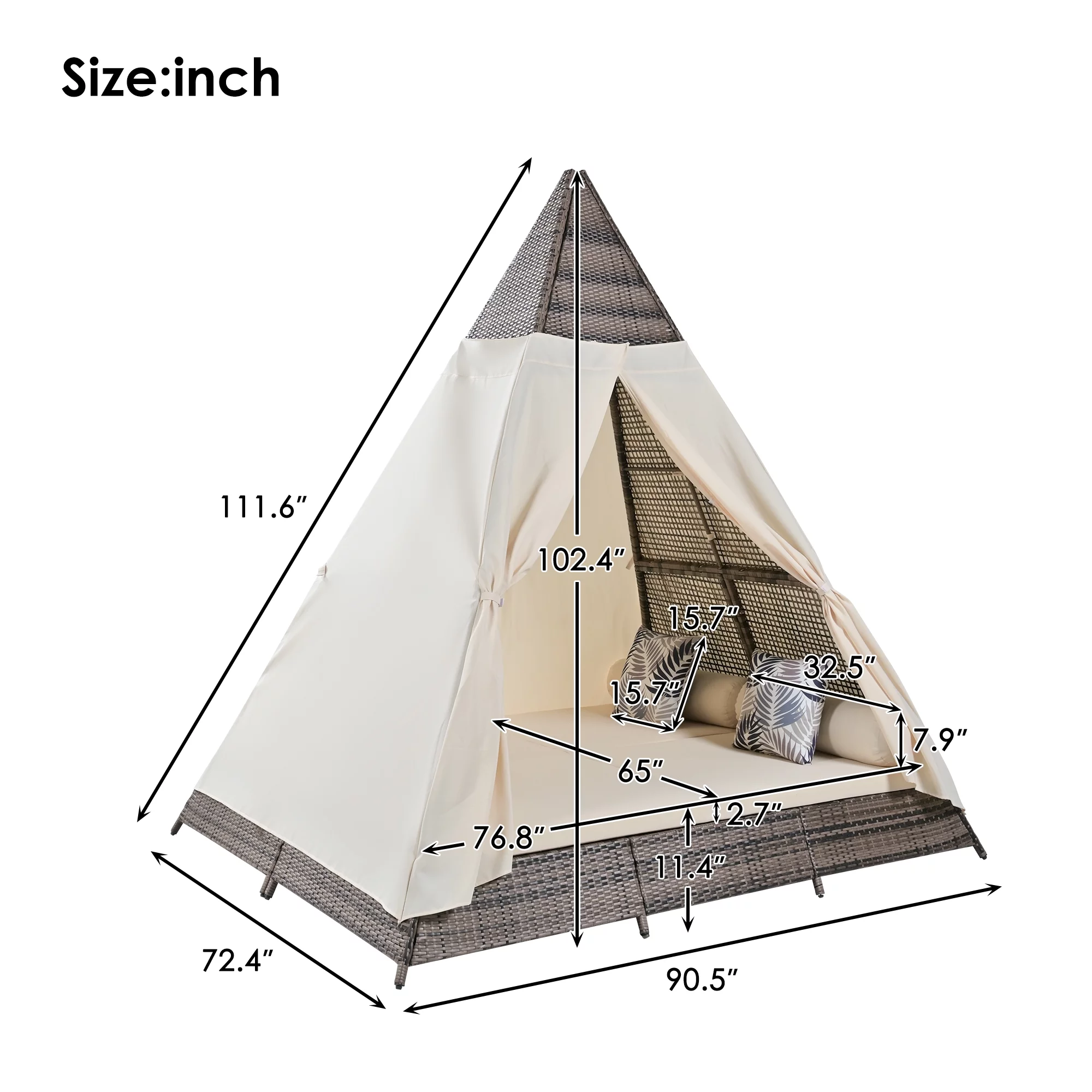 Syngar Outdoor Patio Sunbed with Removable Curtain, All Weather PE Wicker Tent-Shaped Daybed with Beige Cushions and Colorful Pillows