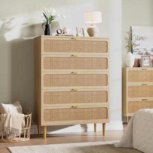 Rattan 5 Drawer Dressers for Bedroom, Tall Dresser with Deep Drawers, Large Chest of Drawers for Closet with Wide Top