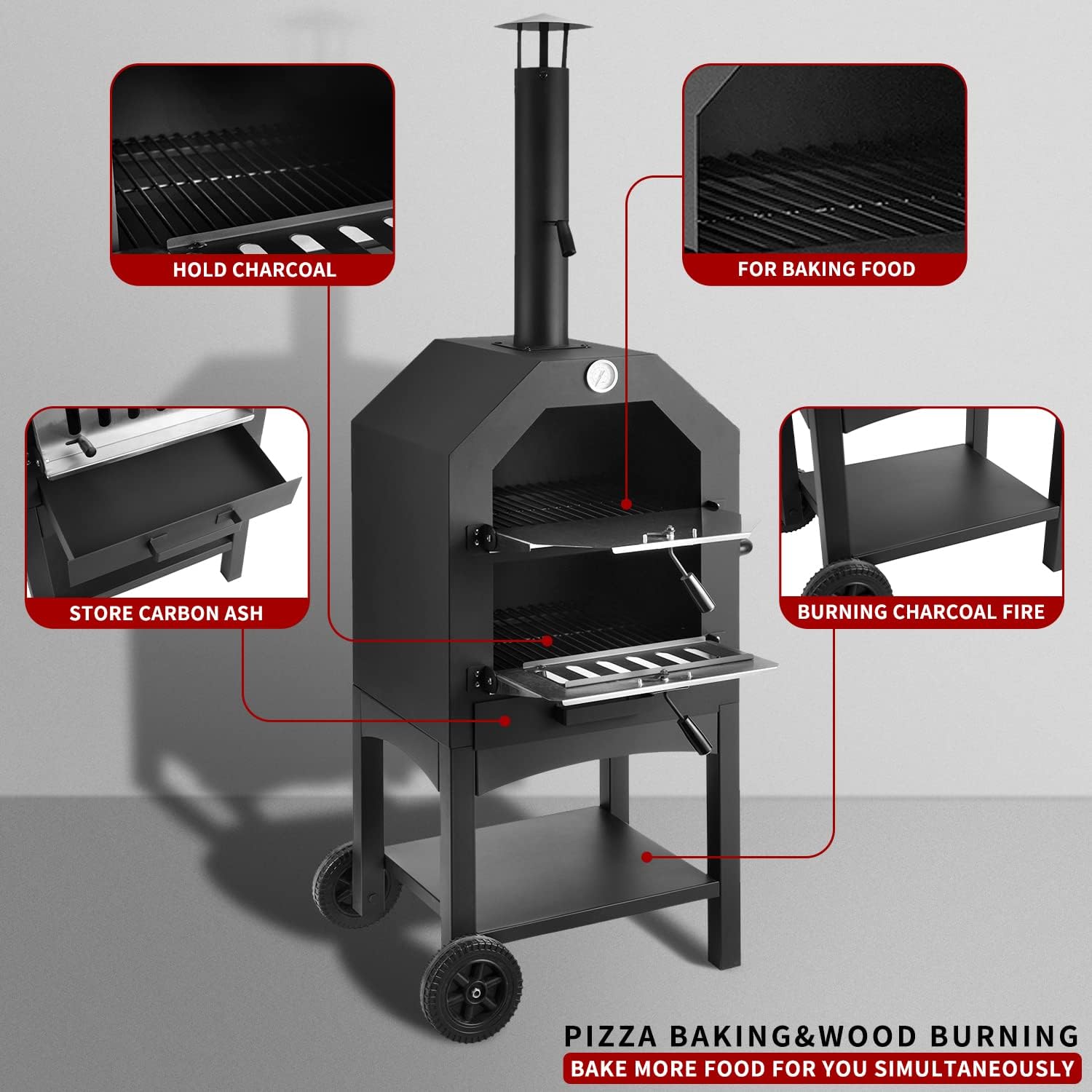 Outdoor Pizza Oven Wood Fire Wood Fired Pizza Oven for Outside with Waterproof Cover, 12" Pizza Stone, Pizza Spatula and 4pcs Grill Rack by DNKMOR