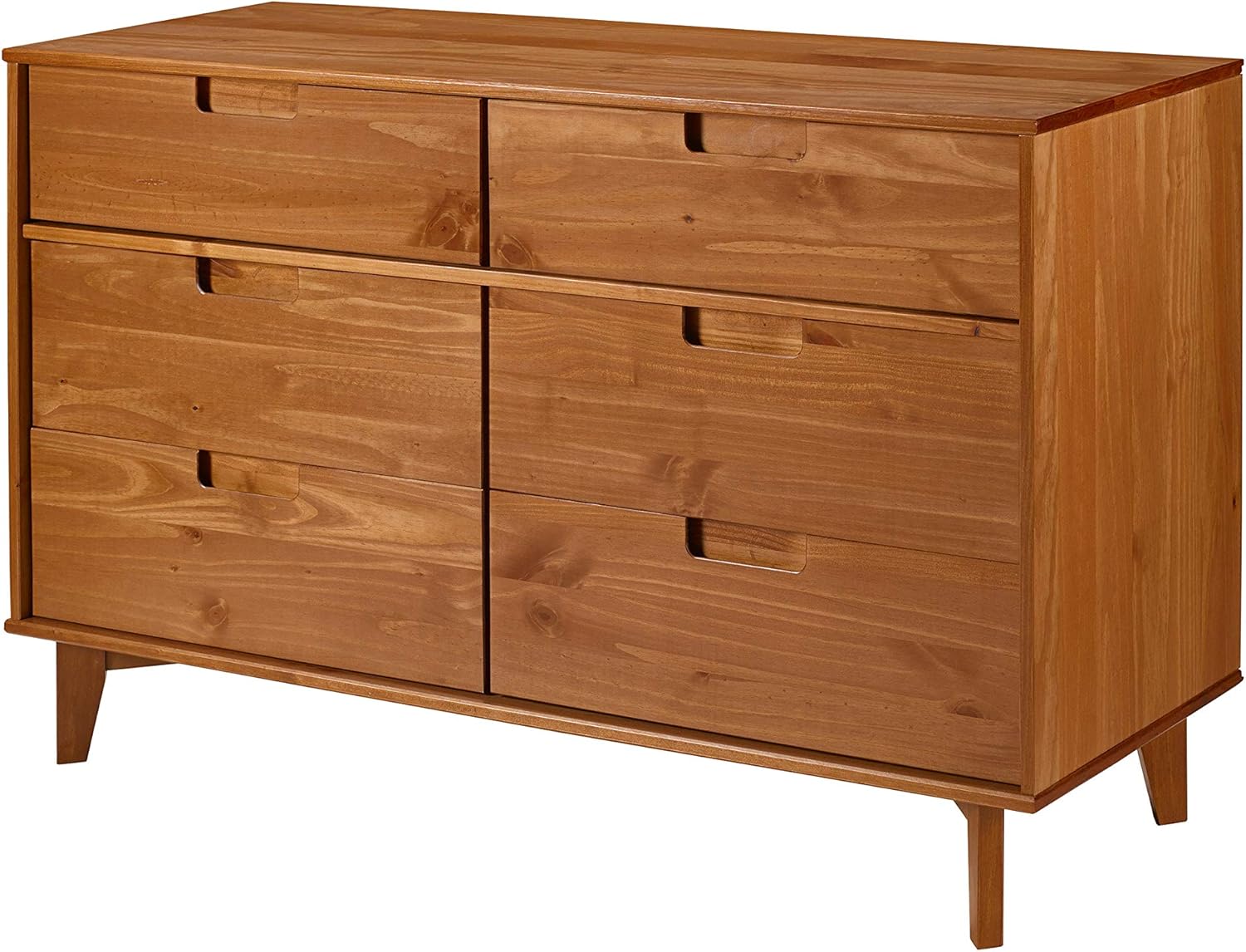 Walker Edison Mid Century Modern Grooved Handle Wood Dresser Bedroom Storage Drawer Organizer Closet Hallway, 6 Drawer, Caramel