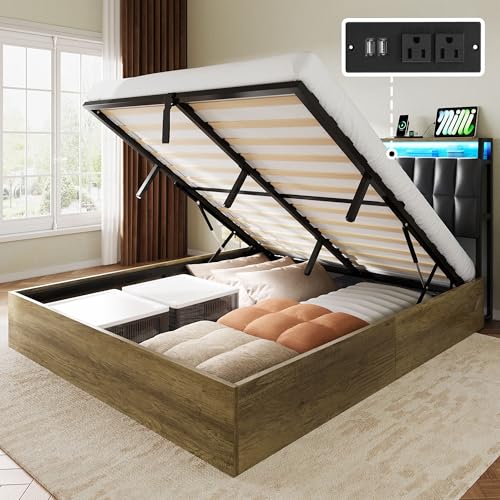 YITAHOME Queen Size Lift Up Bed with Charging Station & RGB LED Lights, PU Leather Upholstered Platform Storage Bookcase Headboard Bed