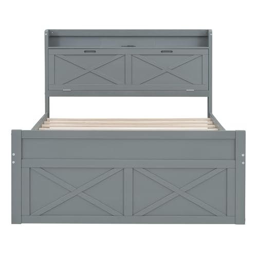 Harper & Bright Designs Twin Size Captain Platform Bed with Bookcase Headboard, Wood Twin Bed Frame with Storage Drawers and Shelves