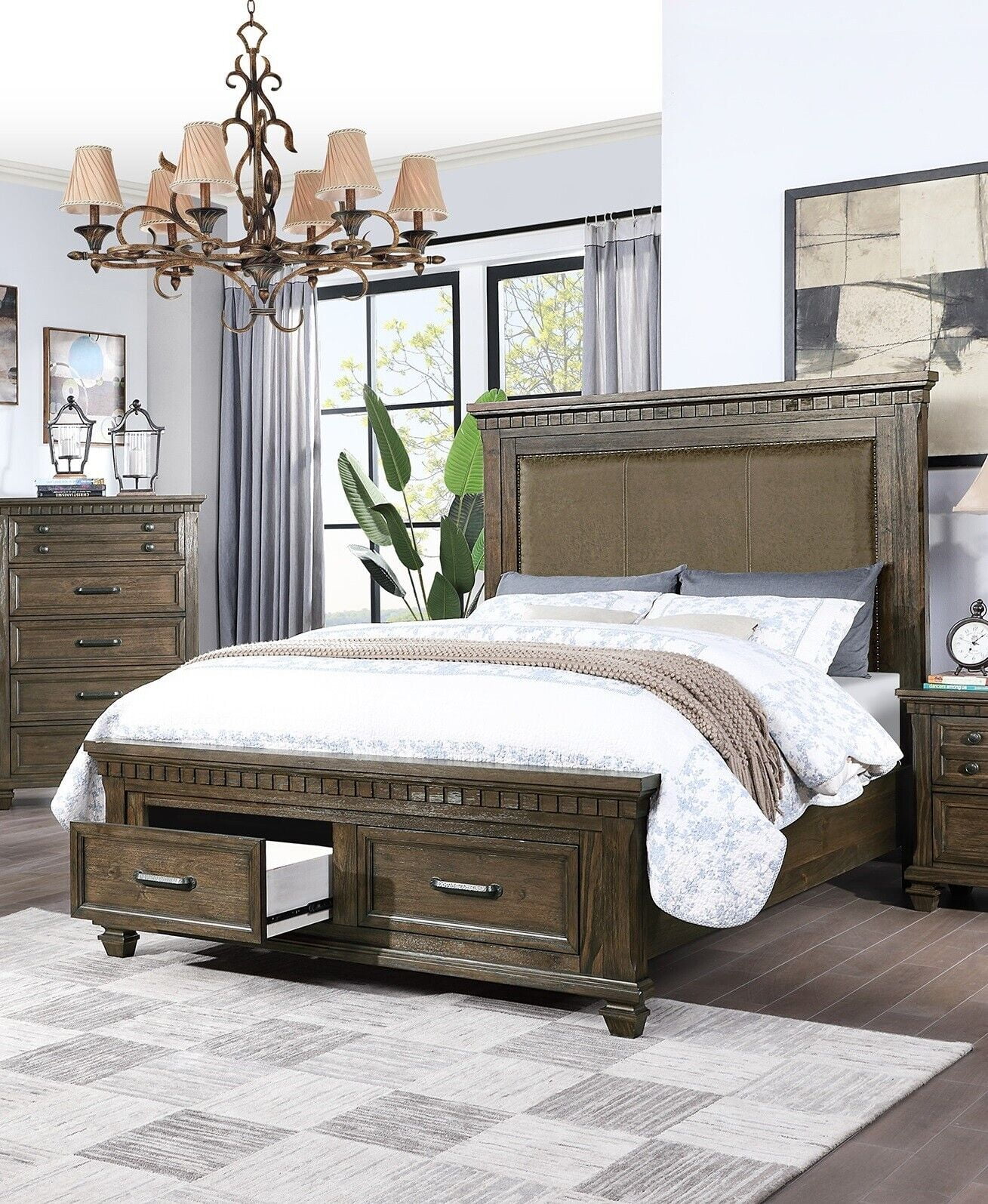 Traditional Unique Design Queen Size Bed 1pc Bedframe High Fabric Headboard Storage Drawers Footboard Antique Brown Finish