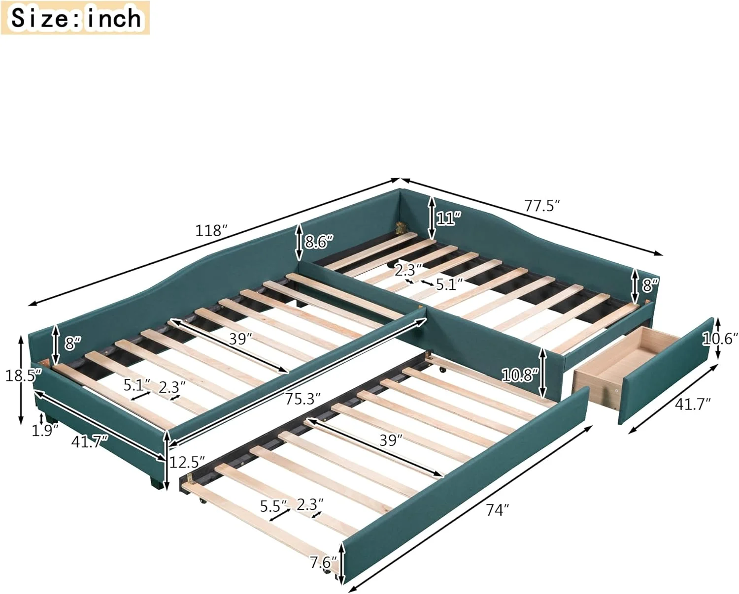 Upholstered Double Size Daybed With Trundle And Drawer, Living Room Sofa Bed, No Box Spring Need (Green)