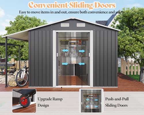 AMERLIFE 10.6x10.3x6.3 FT Metal Storage Shed with Sliding Doors Two 4-Pane Windows, Open Outdoor Shed for Wood Storage, Dark Grey/White