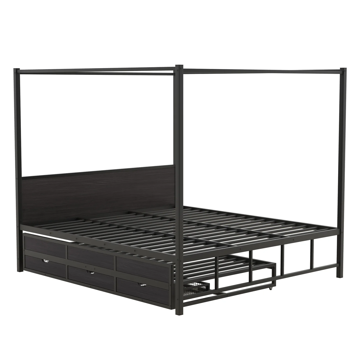 Churanty Queen Size Canopy Platform Bed with Trundle, Metal Four-Poster Canopy Bed Frame with for 3 Storage Drawers for Bedroom,Black