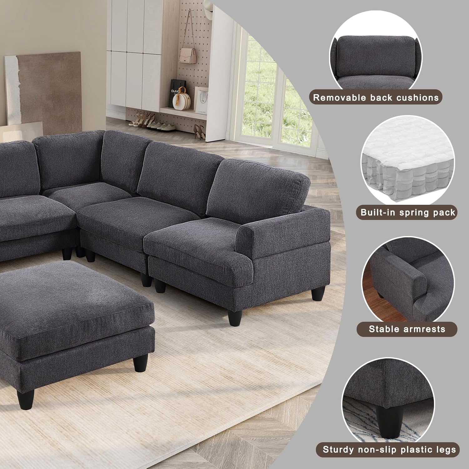 U-Shaped Oversized Modular Sectional Sofa Couch with Movable Ottoman