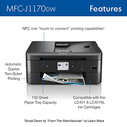 Brother MFC-J1170DW Wireless Color Inkjet All-in-One Printer, NFC One-Touch Print, Duplex, Cloud Print & Scan, Mobile App Control, 2.7" Touchscreen