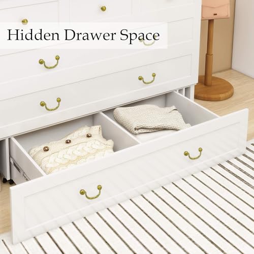 Murphy Bed Queen, Murphy Bed Cabinet with Charging Station, Large Storage Drawer and Shelves for Home Office or Guest Room, Warm White