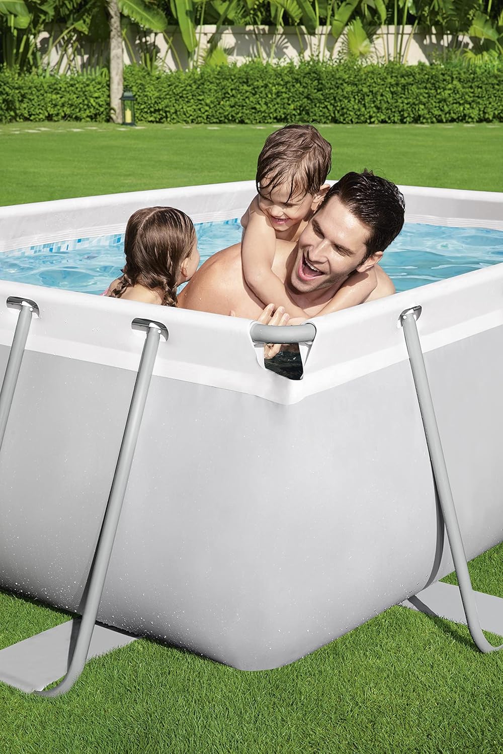 Bestway 56711E Power Steel 18' x 9' x 48 Outdoor Oval Frame Above Ground Swimming Pool Set with 1500 GPH Cartridge Filter Pump, Cover, & Ladder, Gray