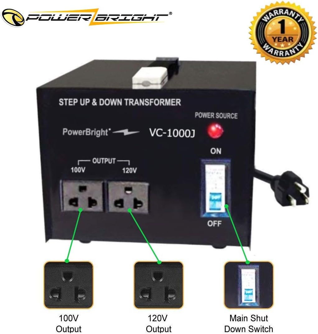 PowerBright 1000W Step Up & Down Japanese Transformer, Power ON/Off Switch, Can be Used in 120 Volt Countries and 100 Volt Countries