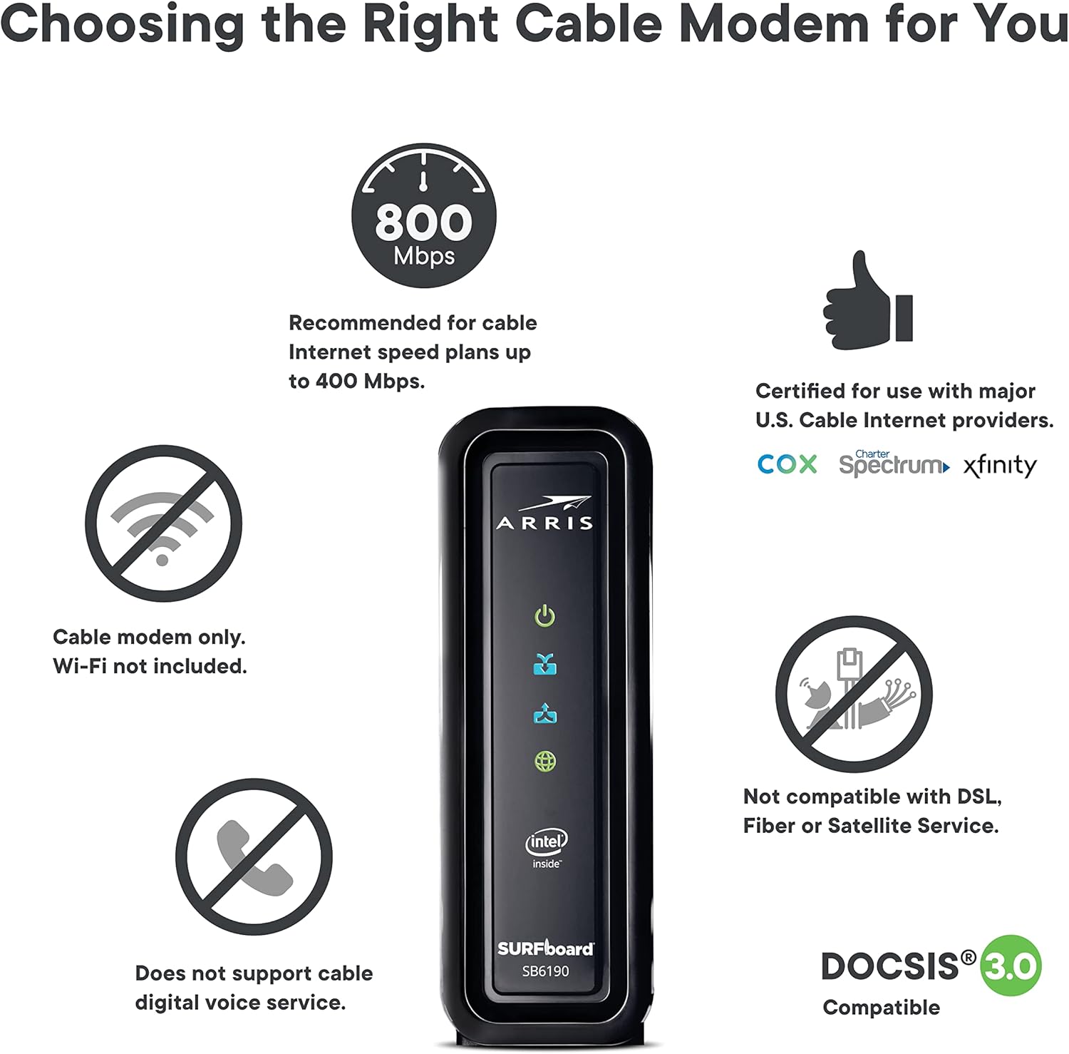 ARRIS SURFboard SB6190 DOCSIS 3.0 Cable Modem, Approved for Cox, Spectrum, Xfinity & others (Black), 800 Mbps Internet Plan Pack of 2