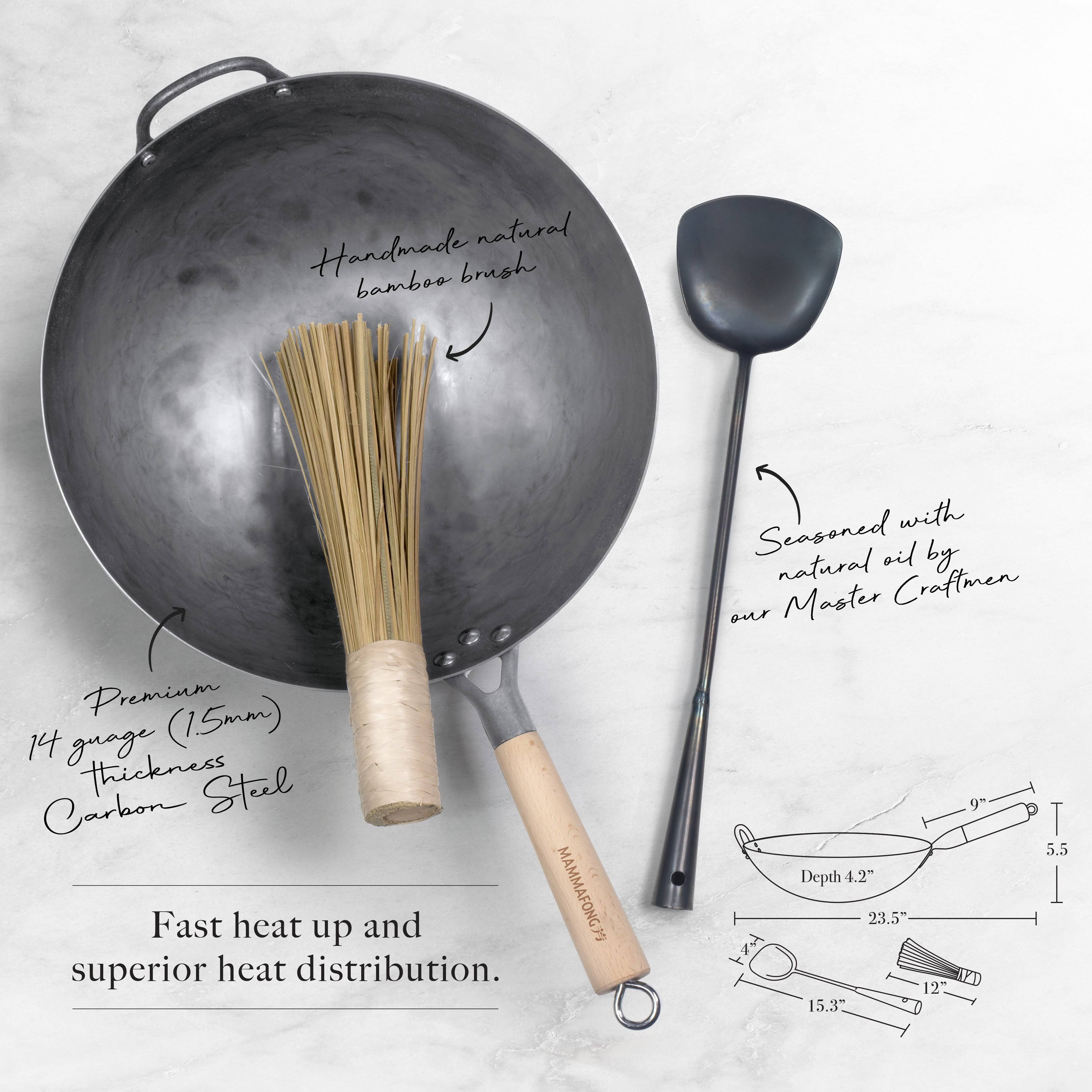 Authentic 14 inch Hand Hammered Round Bottom Carbon Steel Wok Set Starter Kit with Wok Spatula and Bamboo Brush CA Warehouse by