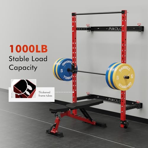 Mikolo 2" x 2" Folding Wall Mounted Squat Rack, 1000 Pounds Capacity Power Rack with Pull Up Bar, J Hooks and Other Attachments, Space-Saving Home Gym
