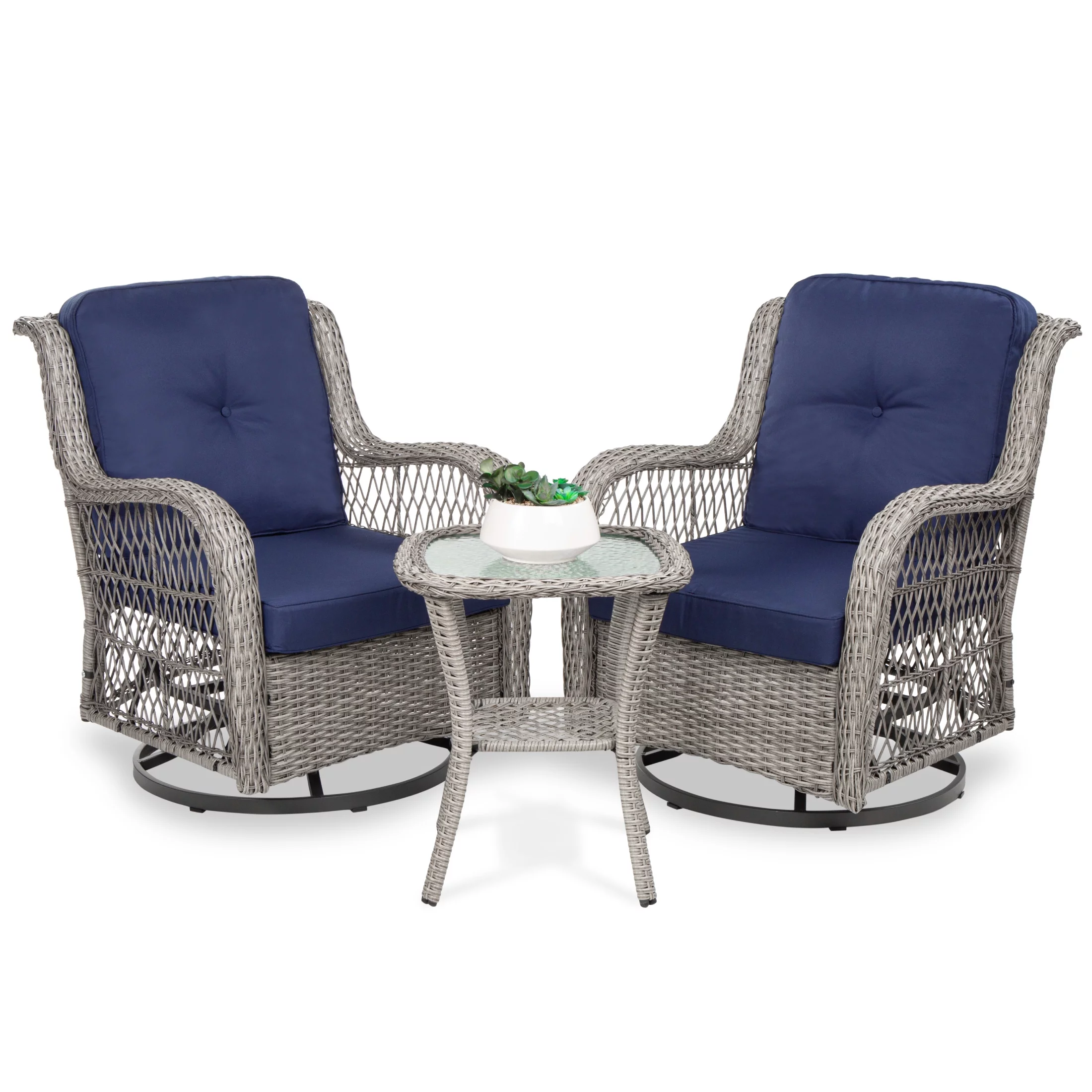 Best Choice Products 3-Piece Patio Wicker Bistro Furniture Set w/ 2 Cushioned Swivel Rocking Chairs, Side Table - Navy