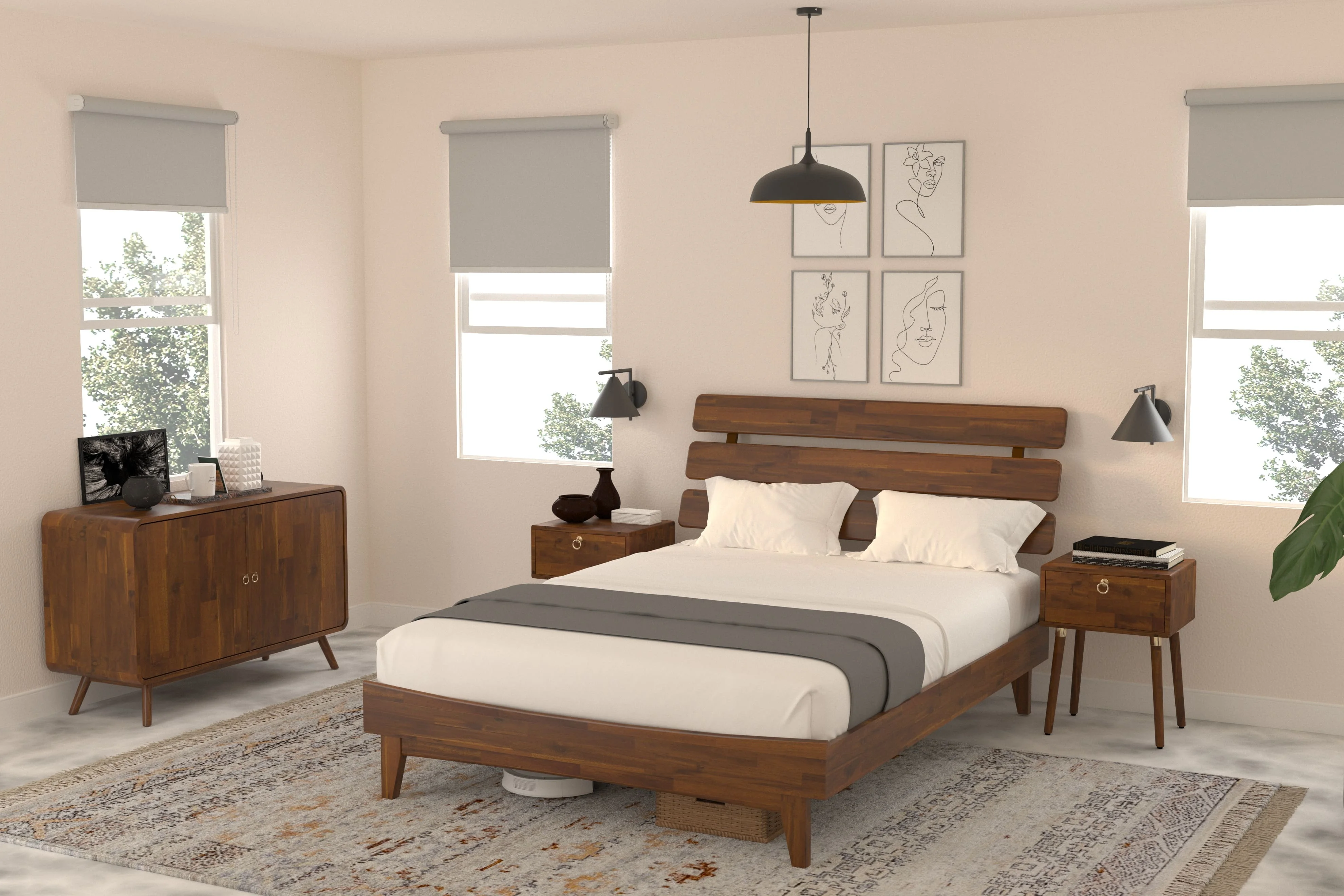 BME Dalen 45" Bed Frame Queen, Adjustable Headboard, Mid-Century, Solid Wood, Dark Choco