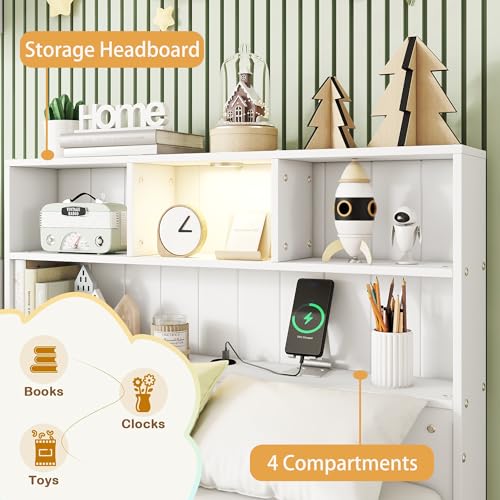 Twin Size Platform Bed with Bookcase Headboard, USB Charging Station and Downlight,Wood Twin Capatain Bed Frames with 2 Storage Drawers
