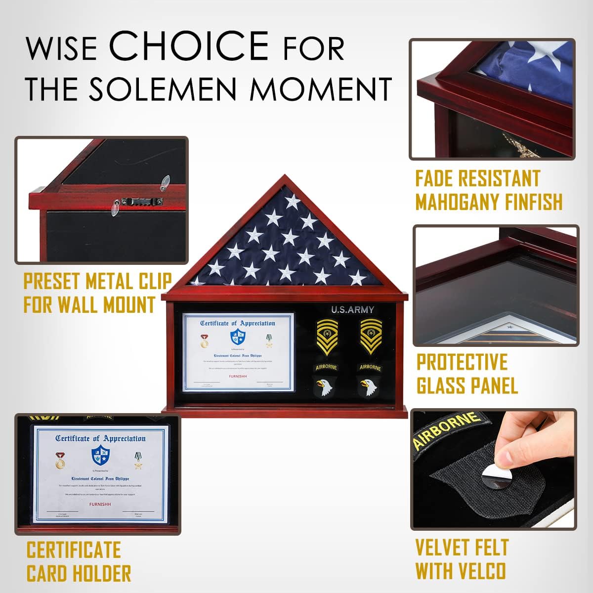 Flag Display Case for Folded Americian Flag with Certificate & Document Holder Display Frame Military Shadow Box for Army Navy Air Force Veterans