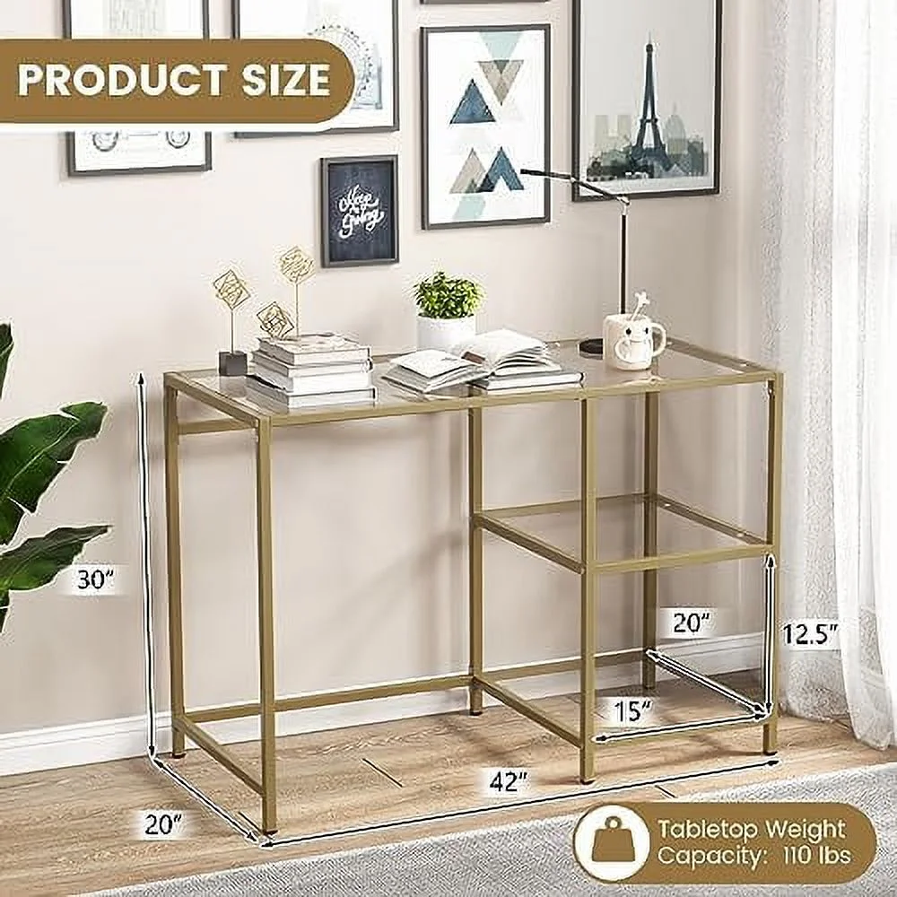 HJZBNONE Tempered Glass Computer Desk with 2-Tier  Shelves  Modern Computer Workstation  Vanity Makeup Table  Sturdy Metal Frame  Home Office Desk